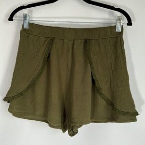 Workhall Olive Green Paper Bag Pleated Stripe Shorts